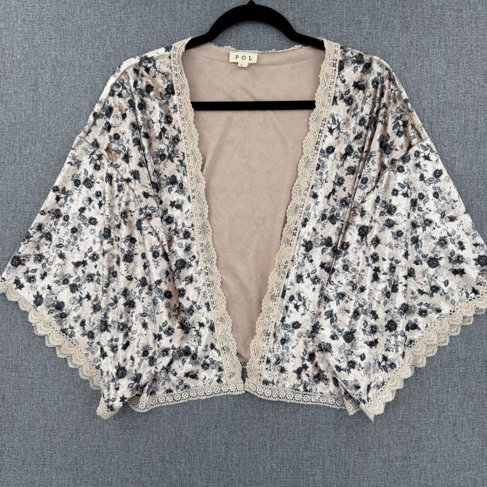 POL Velvet Floral Lace Kimono Cardigan Beige Black Large Whimsigoth Romantic